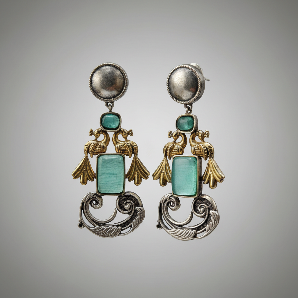 Oxidised German Silver Bird Motif Earrings with Rectangular Stone