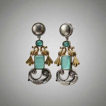 Oxidised German Silver Bird Motif Earrings with Rectangular Stone