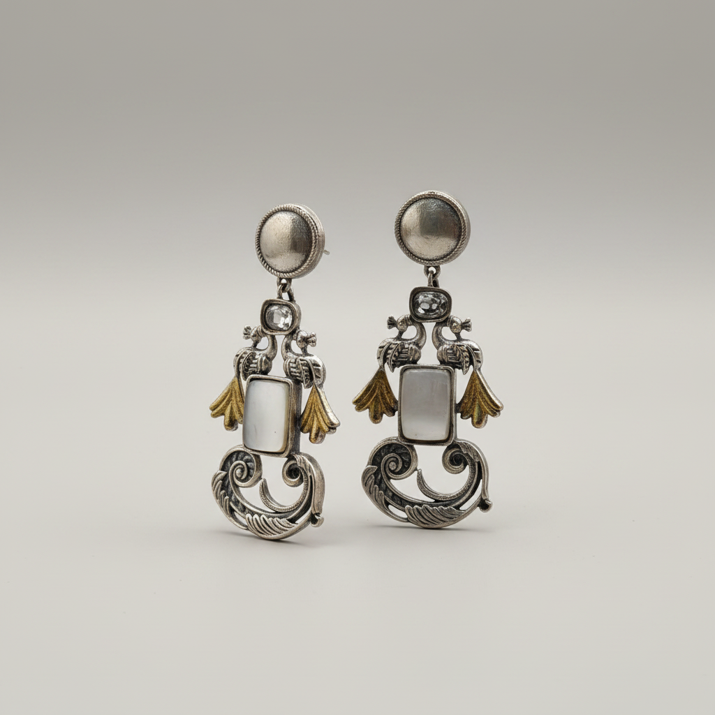Oxidised German Silver Bird Motif Earrings with Rectangular Stone