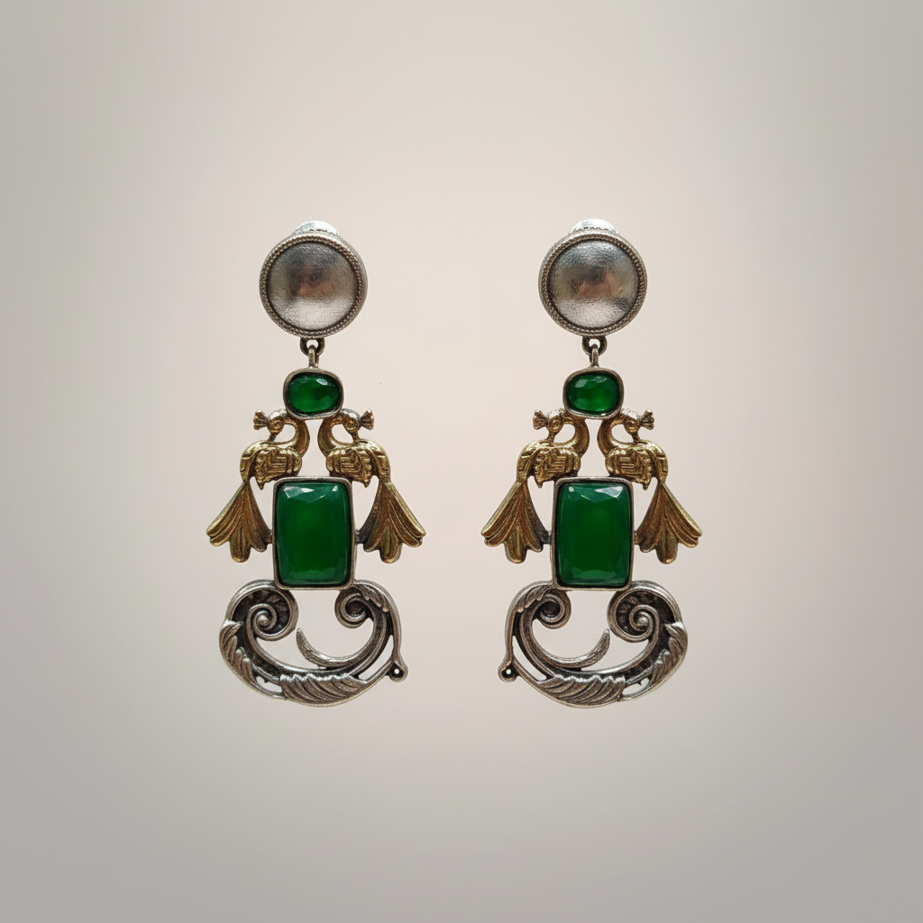Oxidised German Silver Bird Motif Earrings with Rectangular Stone