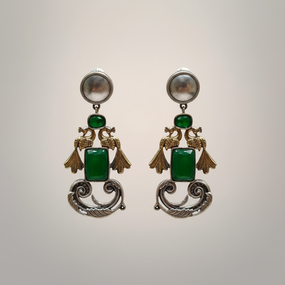 Oxidised German Silver Bird Motif Earrings with Rectangular Stone