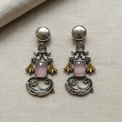 Oxidised German Silver Bird Motif Earrings with Rectangular Stone