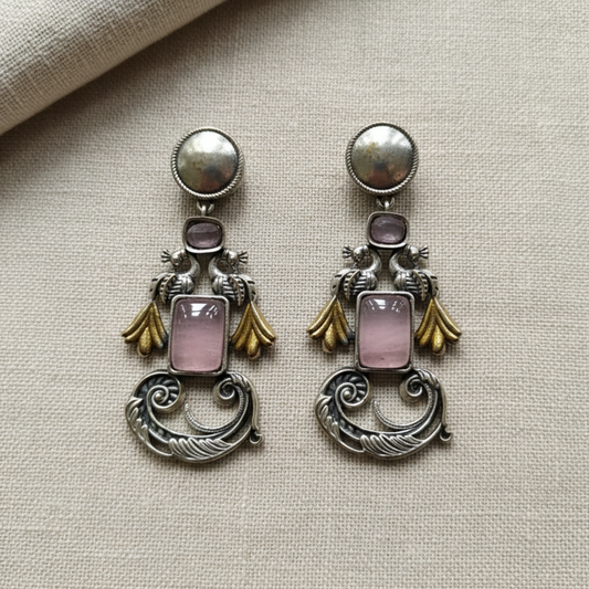 Oxidised German Silver Bird Motif Earrings with Rectangular Stone