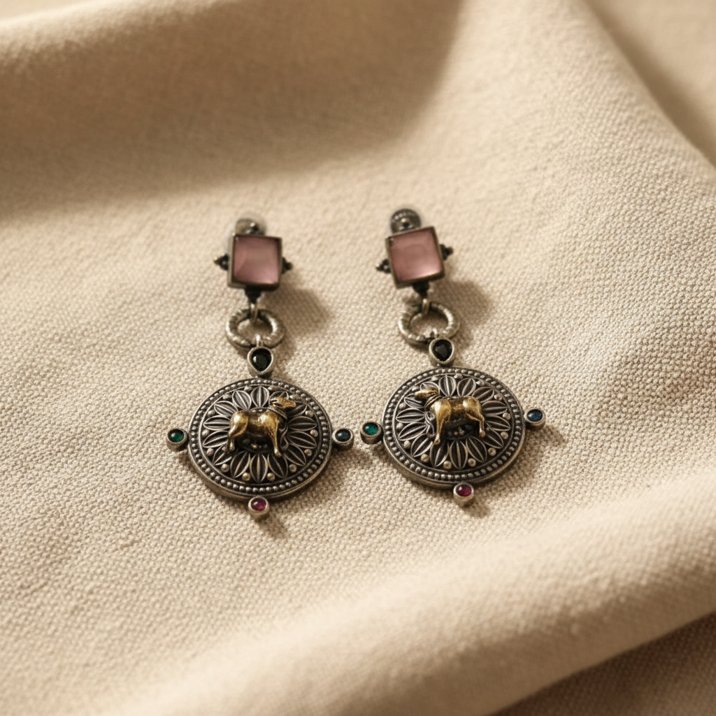 Oxidised German Silver Bull Motif Drop Earrings with Square Stone
