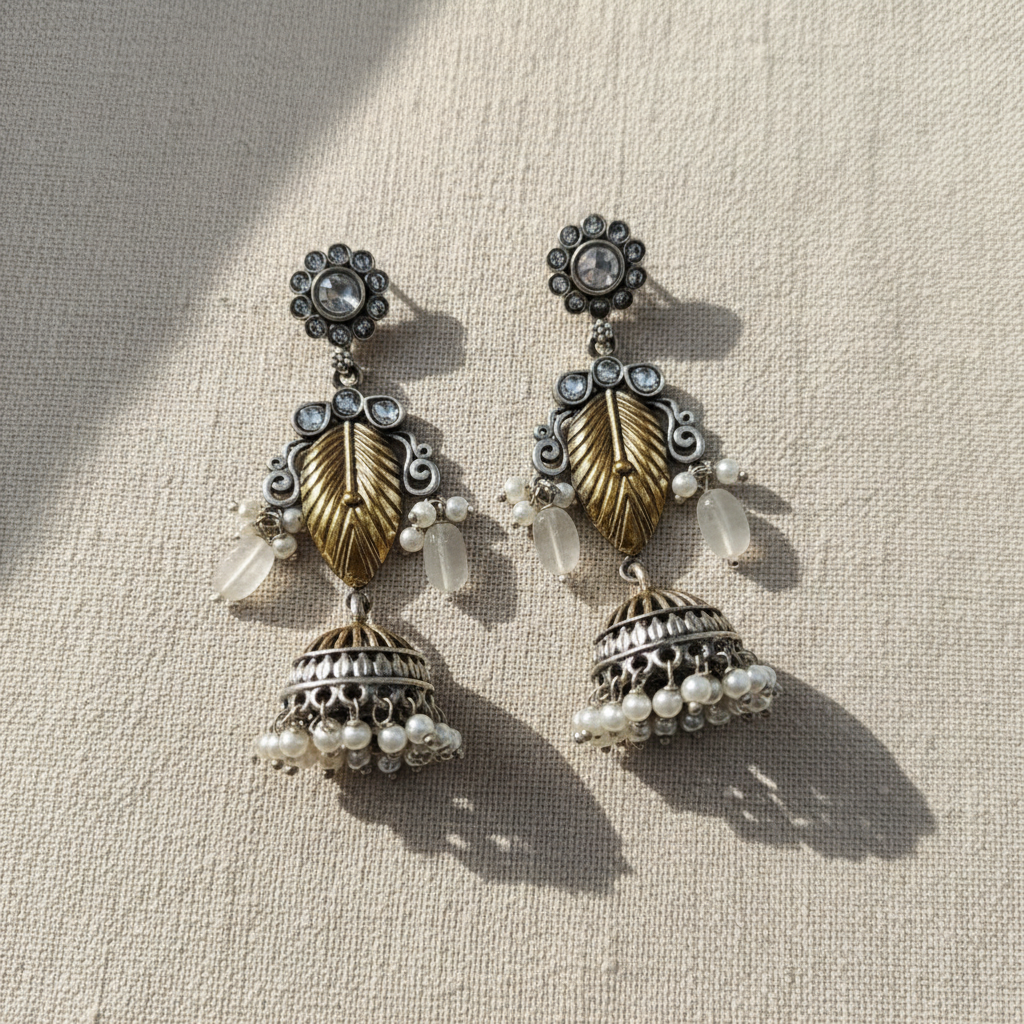 Oxidised German Silver Leaf Jhumka Earrings with Multicolor Stones