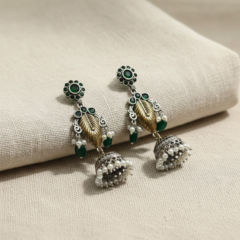 Oxidised German Silver Leaf Jhumka Earrings with Multicolor Stones