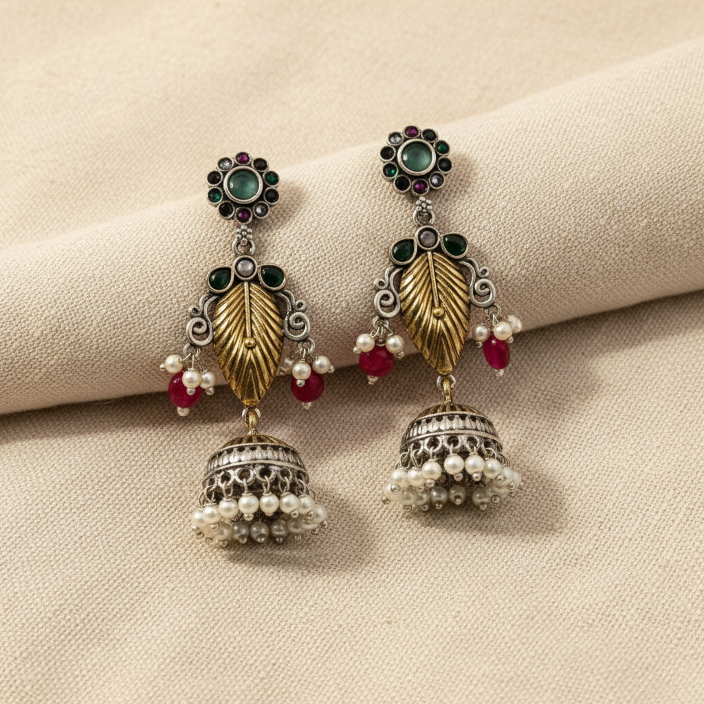 Oxidised German Silver Leaf Jhumka Earrings with Multicolor Stones