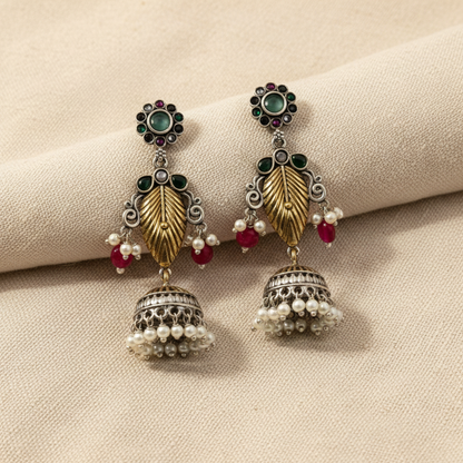 Oxidised German Silver Leaf Jhumka Earrings with Multicolor Stones