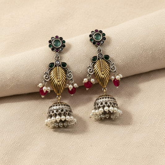 Oxidised German Silver Leaf Jhumka Earrings with Multicolor Stones