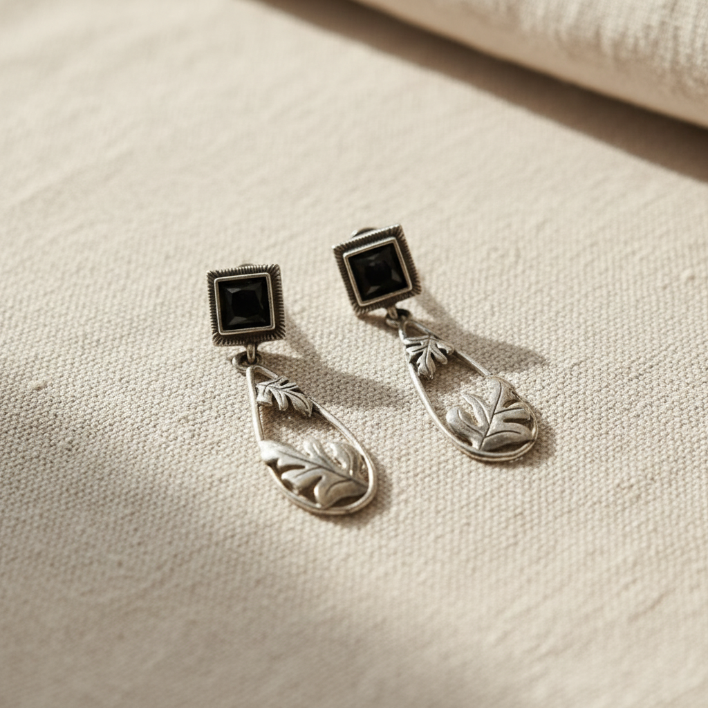 Oxidised German Silver Square Stud Drop Earrings with Leaf Design