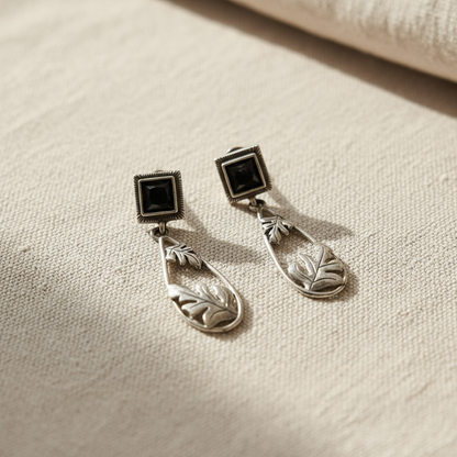 Oxidised German Silver Square Stud Drop Earrings with Leaf Design