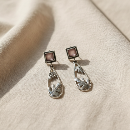 Oxidised German Silver Square Stud Drop Earrings with Leaf Design