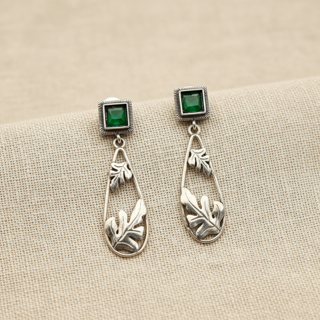 Oxidised German Silver Square Stud Drop Earrings with Leaf Design