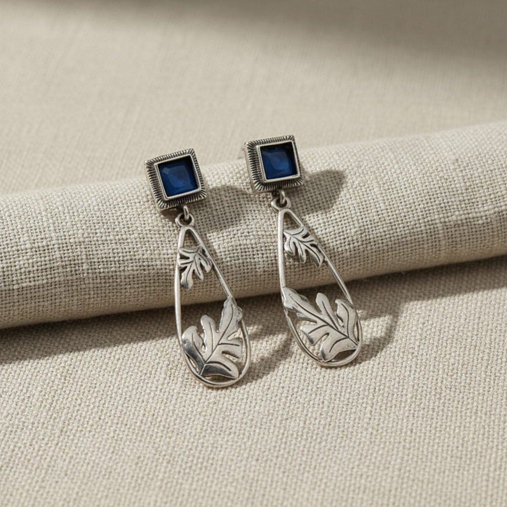 Oxidised German Silver Square Stud Drop Earrings with Leaf Design