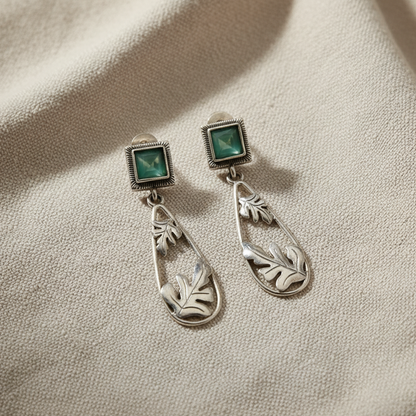 Oxidised German Silver Square Stud Drop Earrings with Leaf Design