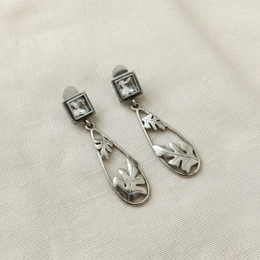 Oxidised German Silver Square Stud Drop Earrings with Leaf Design