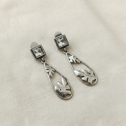 Oxidised German Silver Square Stud Drop Earrings with Leaf Design