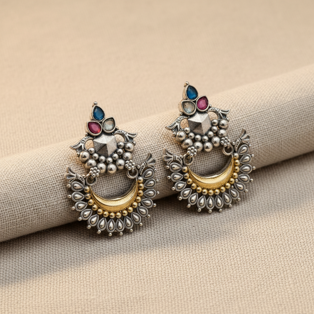 Oxidised German Silver Chandbali Earrings with Multicolor Stones
