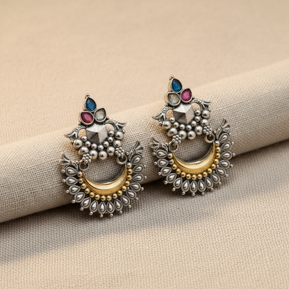Oxidised German Silver Chandbali Earrings with Multicolor Stones