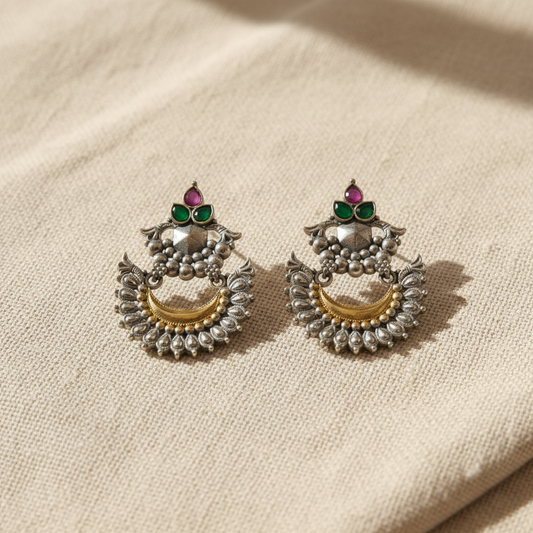Oxidised German Silver Chandbali Earrings with Multicolor Stones