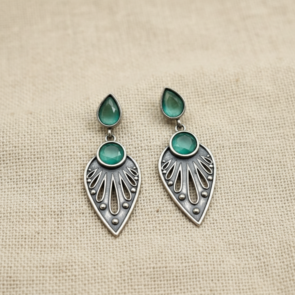 Oxidised German Silver Teardrop Earrings with Dual Stone Detail