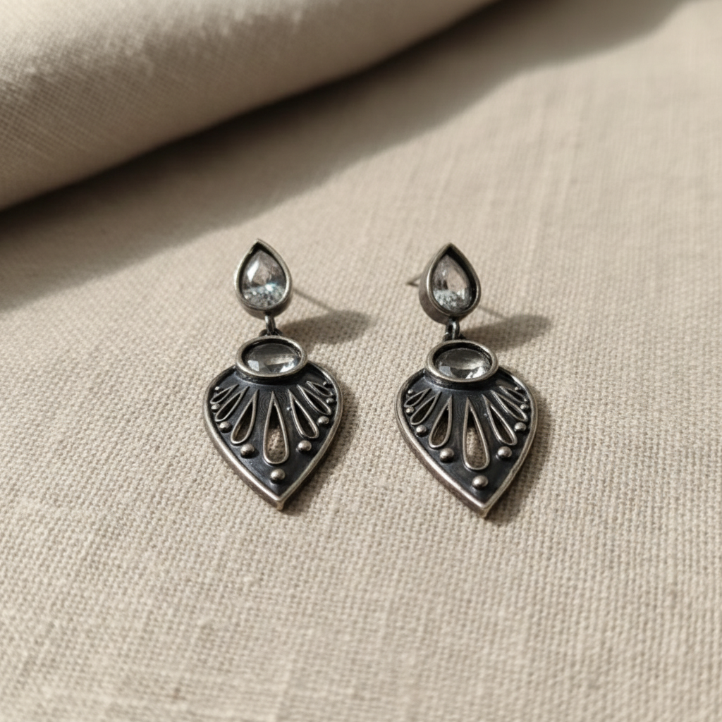 Oxidised German Silver Teardrop Earrings with Dual Stone Detail