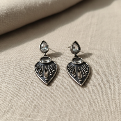 Oxidised German Silver Teardrop Earrings with Dual Stone Detail