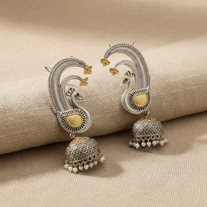 Oxidised German Silver Peacock Jhumka Earrings with Dual Tone Finish