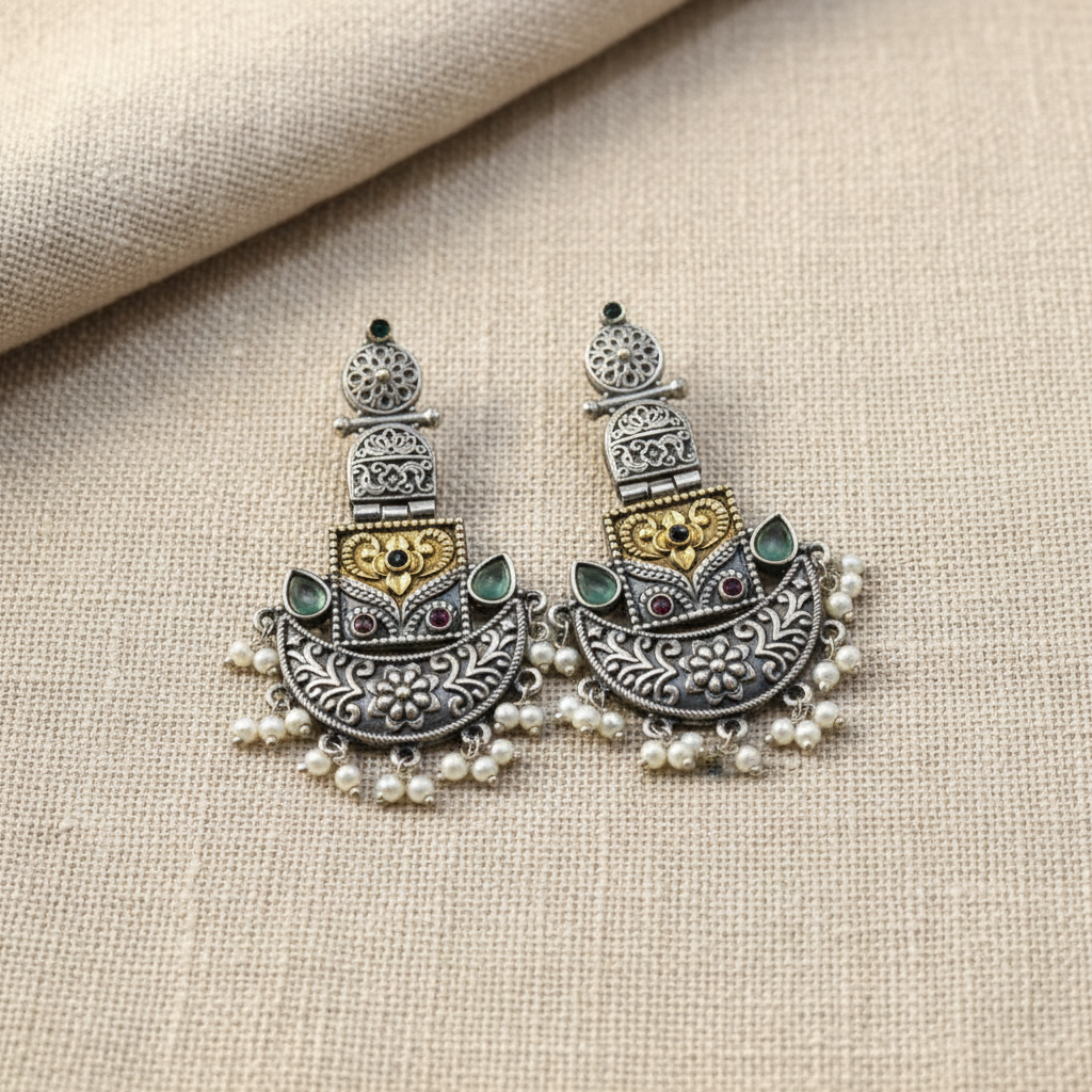 Oxidised German Silver Antique Chandelier Earrings with Pearl Drops