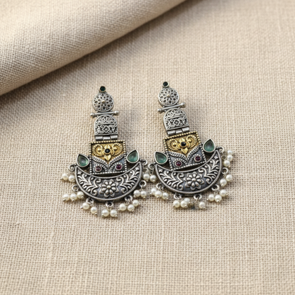 Oxidised German Silver Antique Chandelier Earrings with Pearl Drops