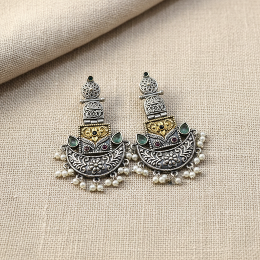 Oxidised German Silver Antique Chandelier Earrings with Pearl Drops