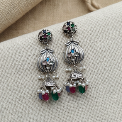 Oxidised German Silver Multicolor Stone Jhumka Earrings with Pearl Drops