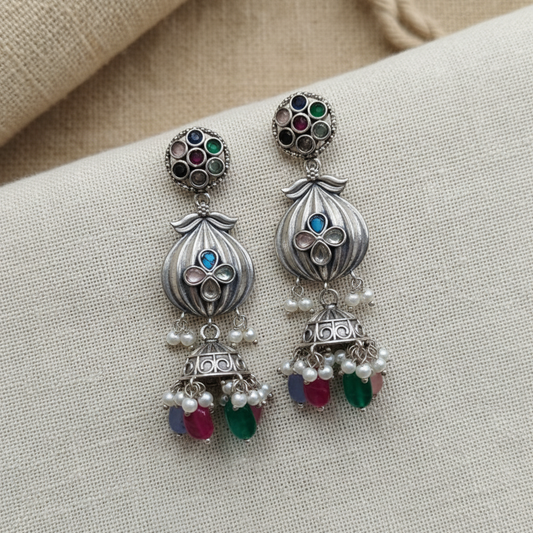 Oxidised German Silver Multicolor Stone Jhumka Earrings with Pearl Drops
