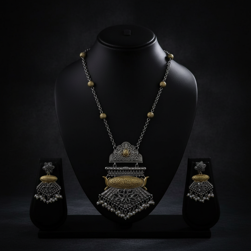 Dual Tone German Silver Oxidised Necklace Set